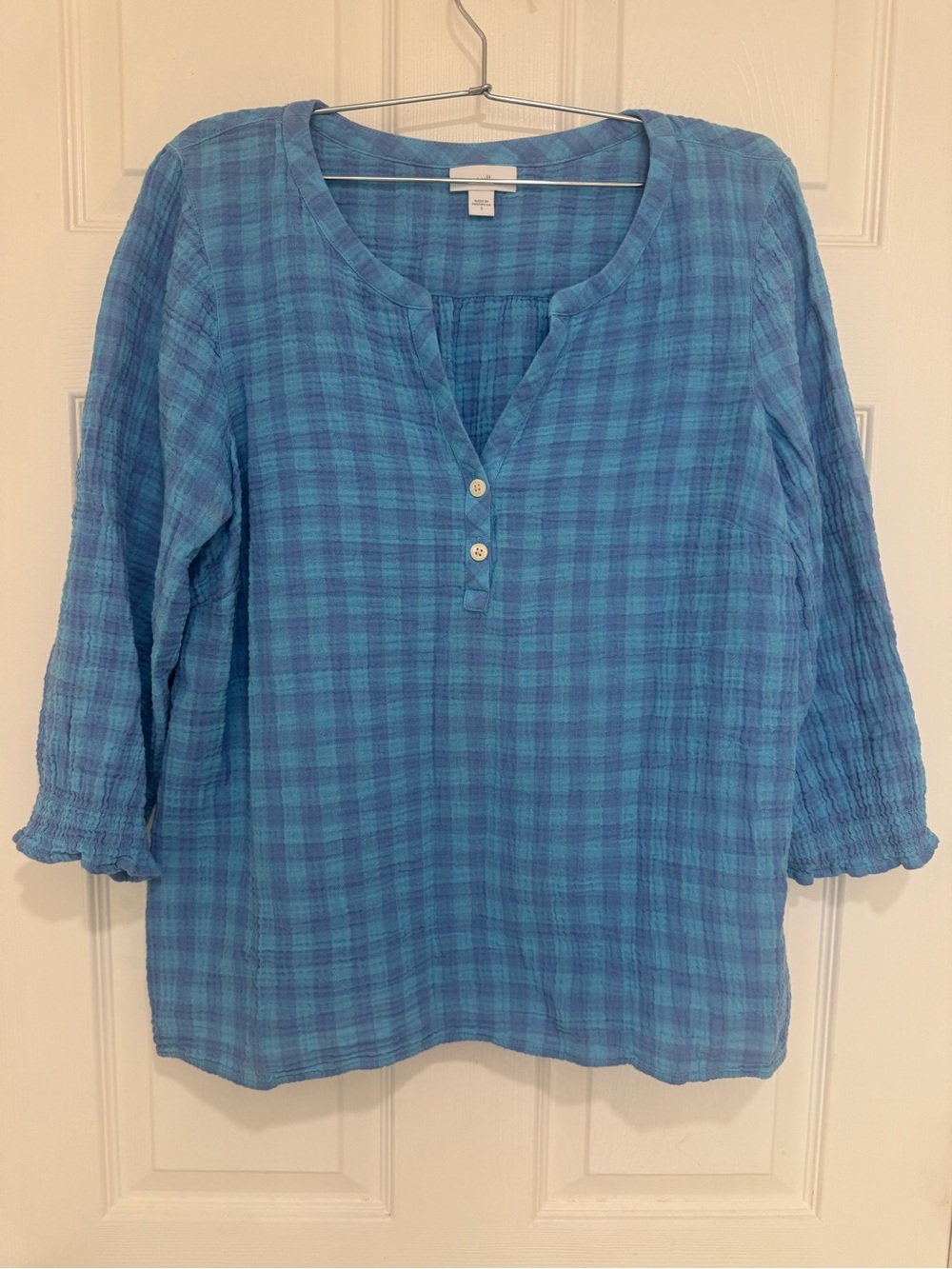 J. Jill Blue Plaid Cotton Gauze Henley Top Size S